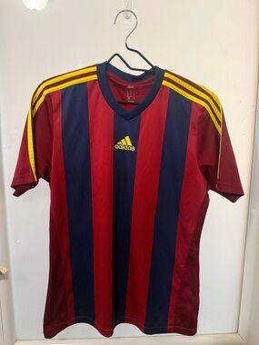 adidas Red & Navy Vertical Stripe Soccer Jersey with Yellow Accents